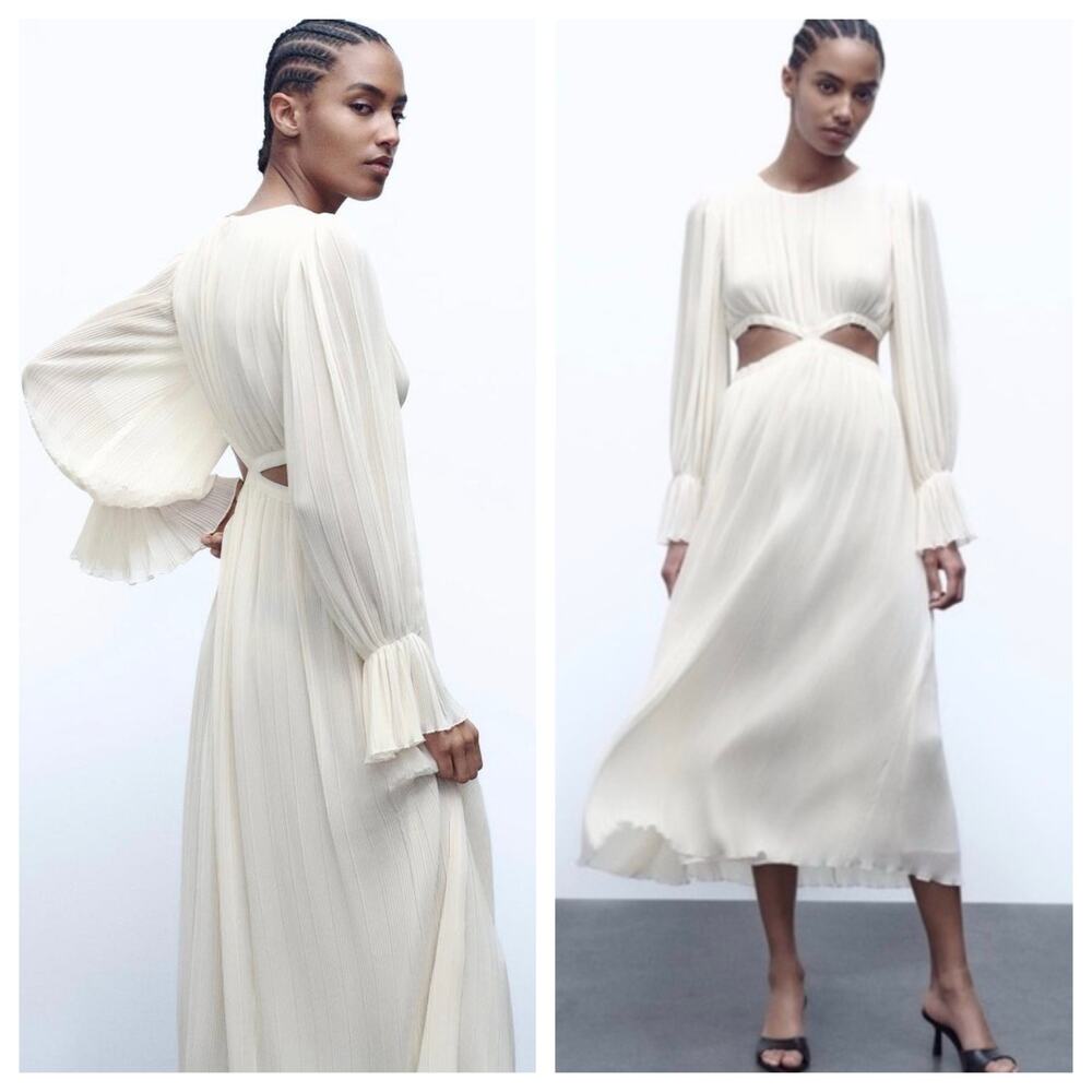 Zara Cutout Pleated Midi Dress Medium Ivory Cream Long Sleeve Flowy Cottagecore - Picture 2 of 15